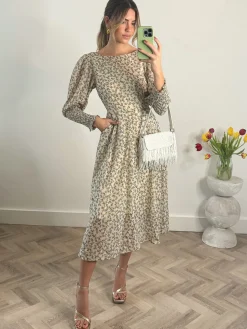 Chiffon Maxi Dress with Shirred Cuffs, Beige Floral