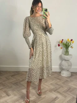 Chiffon Maxi Dress with Shirred Cuffs, Beige Floral