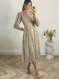 Chiffon Maxi Dress with Shirred Cuffs, Beige Floral