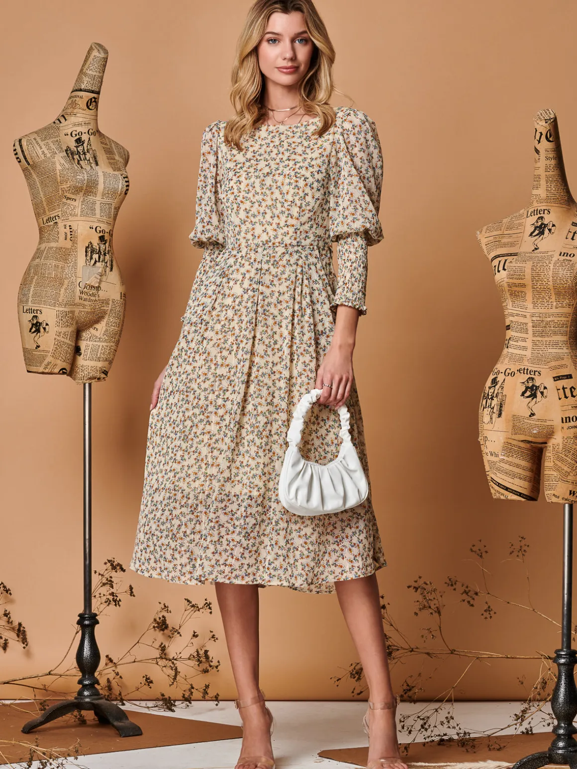Chiffon Maxi Dress with Shirred Cuffs, Beige Floral