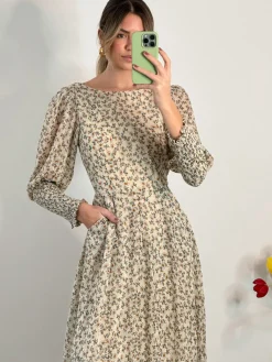 Chiffon Maxi Dress with Shirred Cuffs, Beige Floral