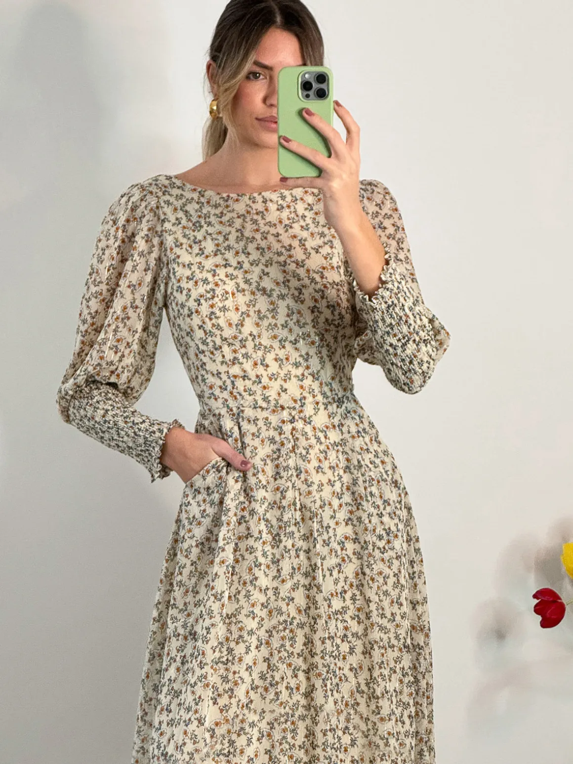 Chiffon Maxi Dress with Shirred Cuffs, Beige Floral