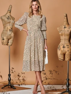 Chiffon Maxi Dress with Shirred Cuffs, Beige Floral