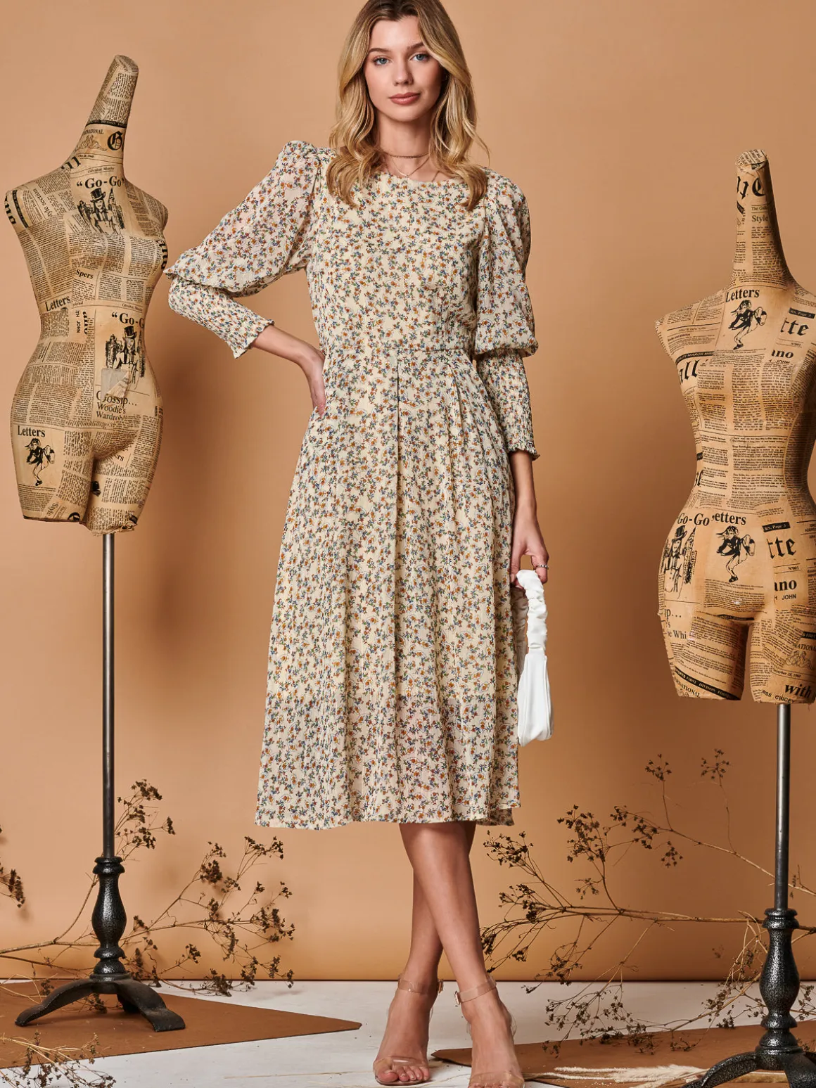 Chiffon Maxi Dress with Shirred Cuffs, Beige Floral