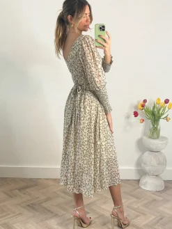 Chiffon Maxi Dress with Shirred Cuffs, Beige Floral