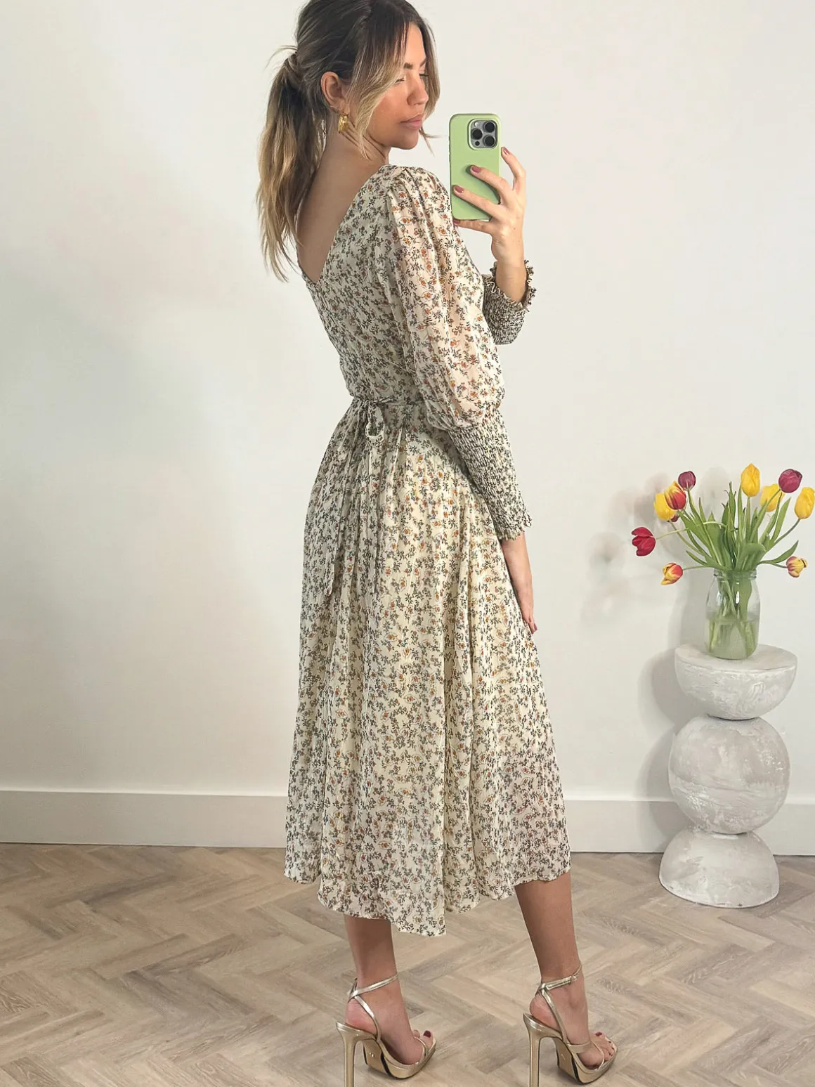Chiffon Maxi Dress with Shirred Cuffs, Beige Floral