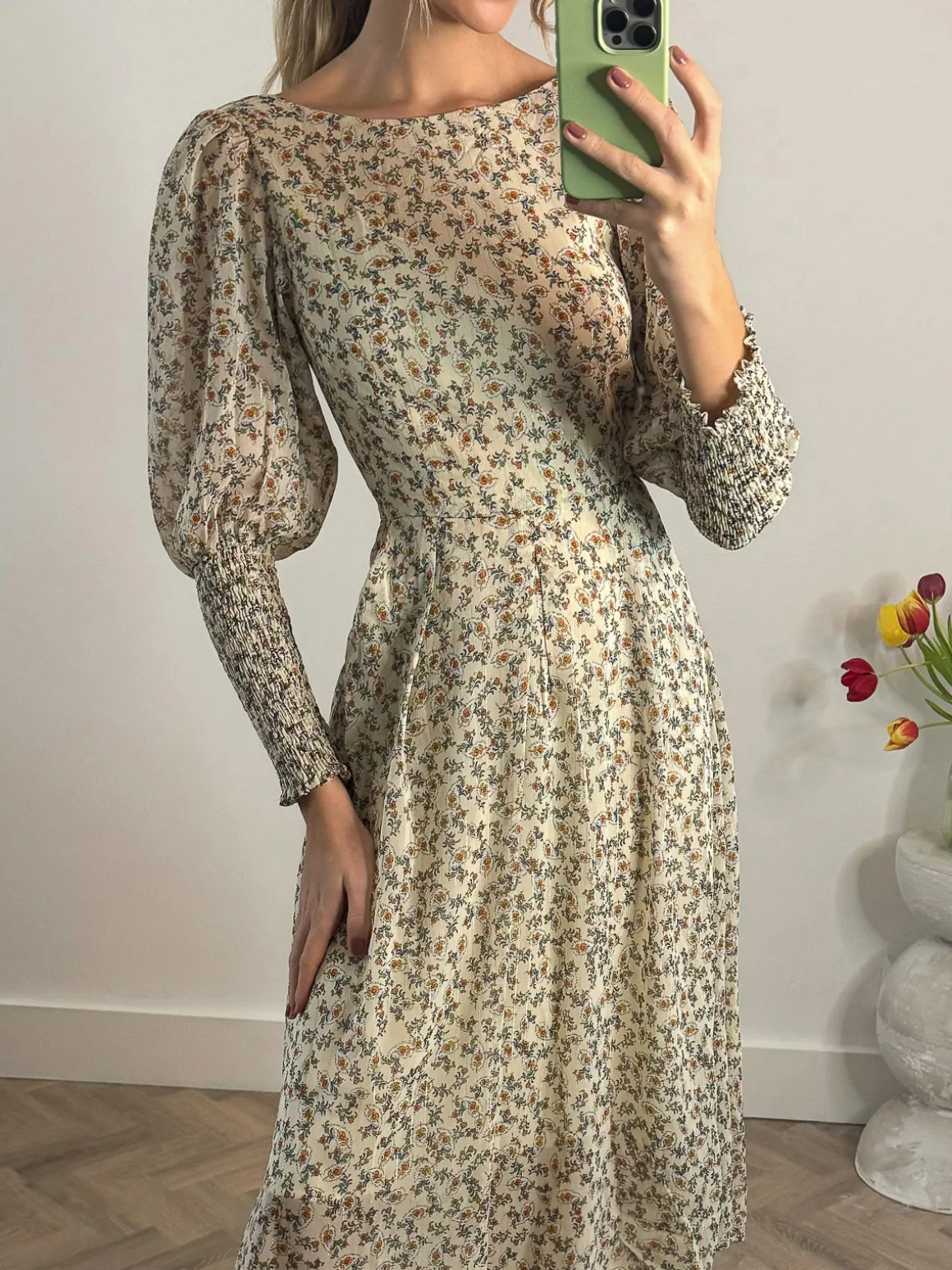 Chiffon Maxi Dress with Shirred Cuffs, Beige Floral