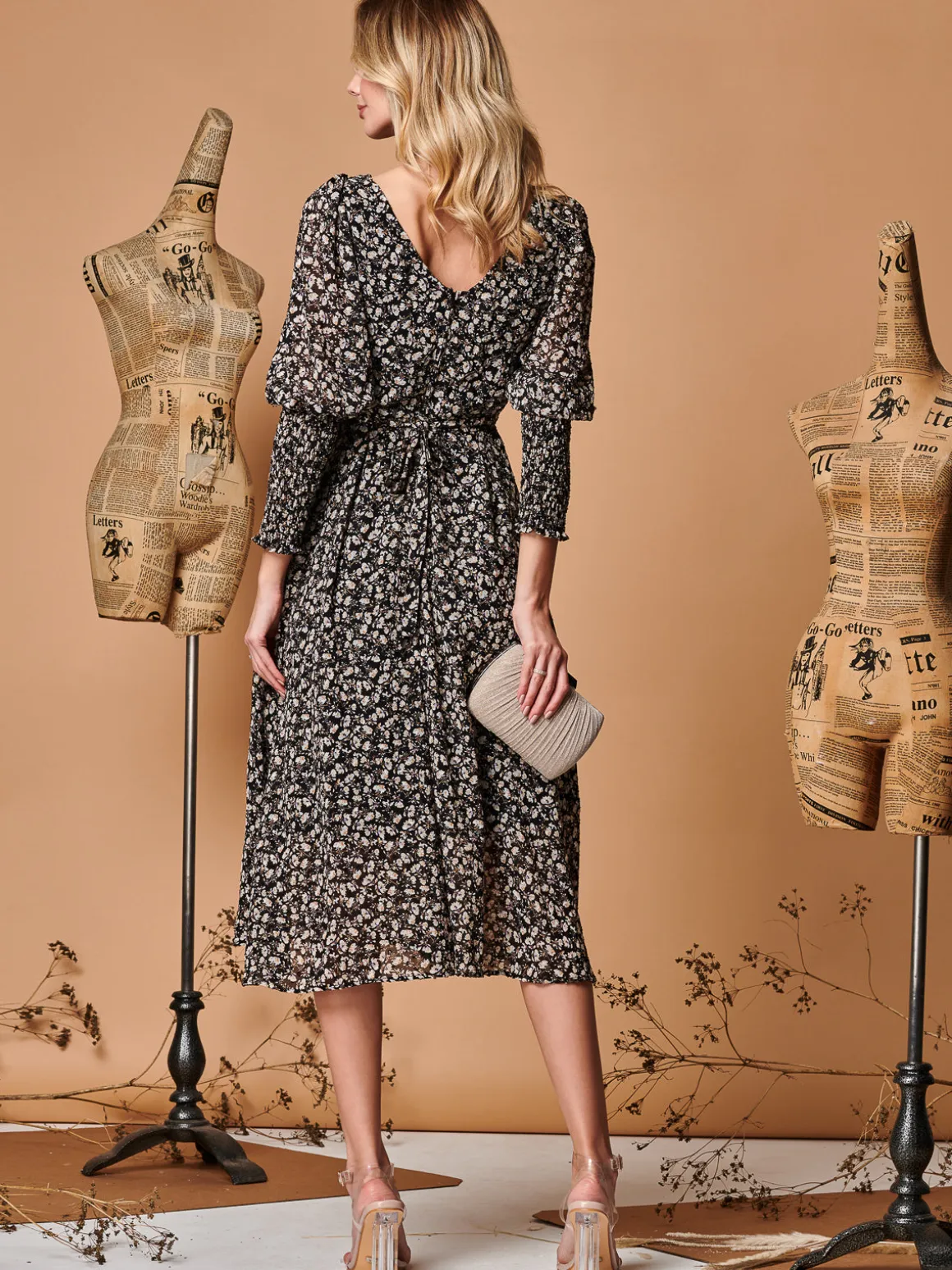 Chiffon Maxi Dress with Shirred Cuffs, Black Ditsy