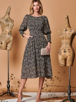 Chiffon Maxi Dress with Shirred Cuffs, Black Ditsy