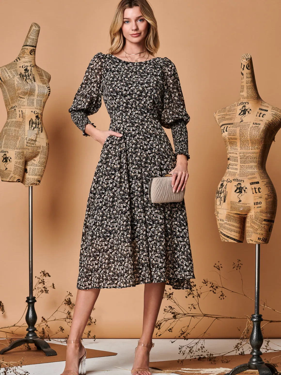 Chiffon Maxi Dress with Shirred Cuffs, Black Ditsy