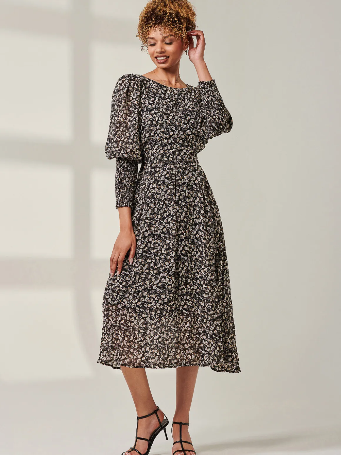 Chiffon Maxi Dress with Shirred Cuffs, Black Ditsy