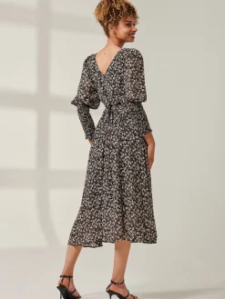 Chiffon Maxi Dress with Shirred Cuffs, Black Ditsy