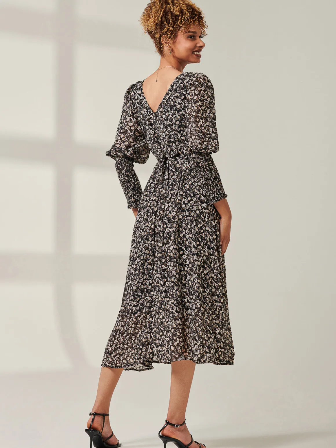 Chiffon Maxi Dress with Shirred Cuffs, Black Ditsy