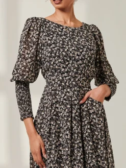Chiffon Maxi Dress with Shirred Cuffs, Black Ditsy