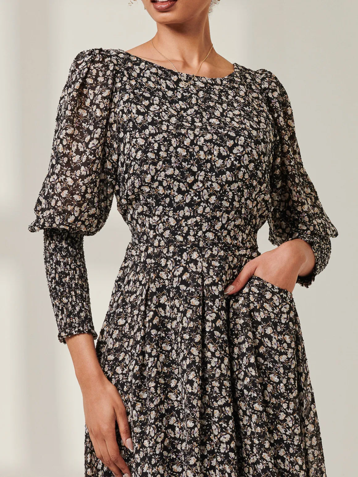 Chiffon Maxi Dress with Shirred Cuffs, Black Ditsy