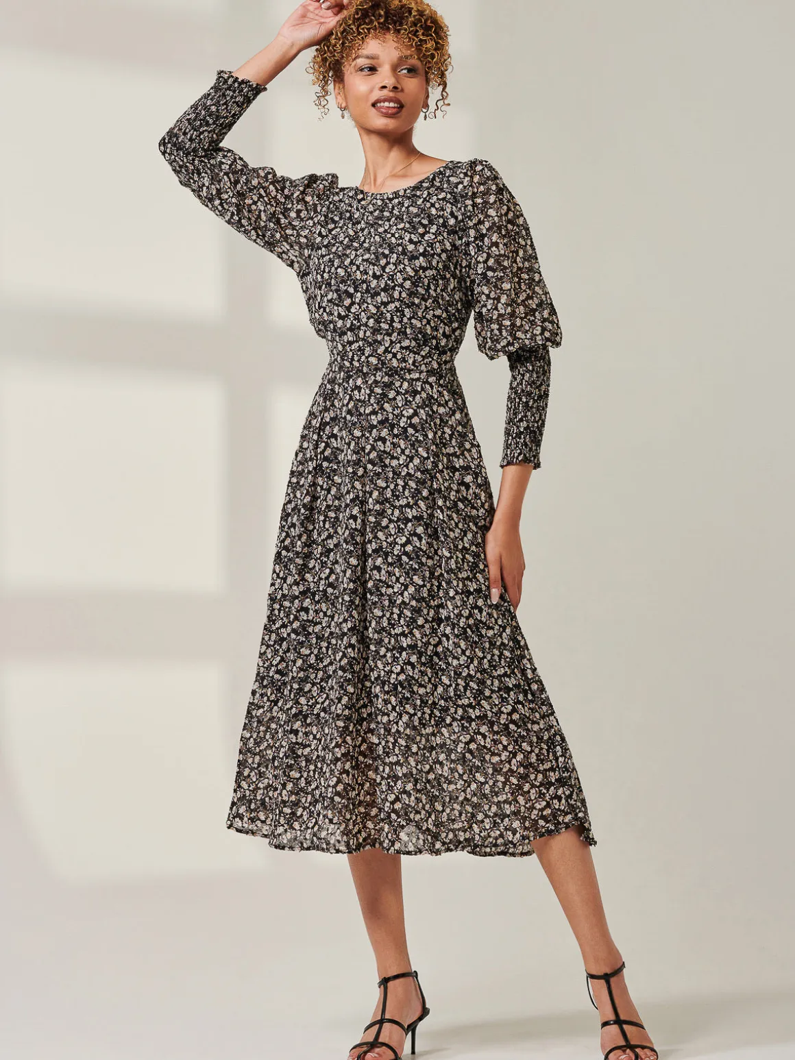 Chiffon Maxi Dress with Shirred Cuffs, Black Ditsy