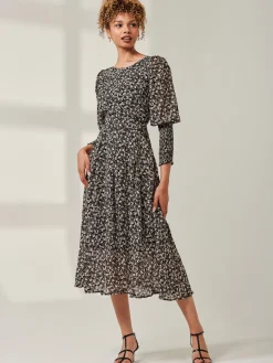 Chiffon Maxi Dress with Shirred Cuffs, Black Ditsy
