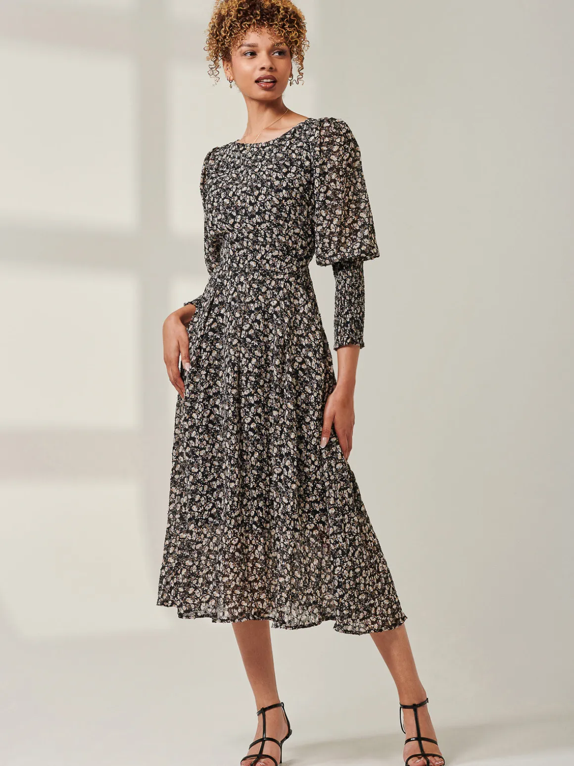 Chiffon Maxi Dress with Shirred Cuffs, Black Ditsy