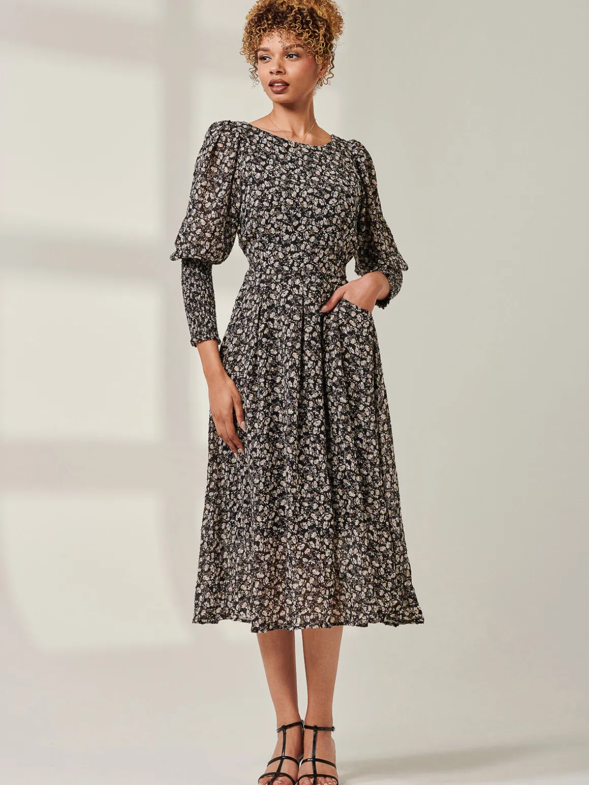 Chiffon Maxi Dress with Shirred Cuffs, Black Ditsy