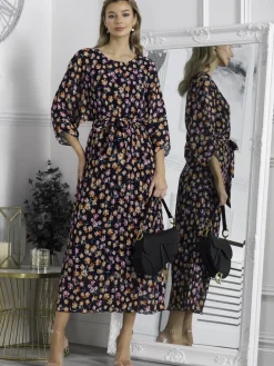 Chiffon Pleated Batwing Sleeve Maxi Dress, Navy Floral
