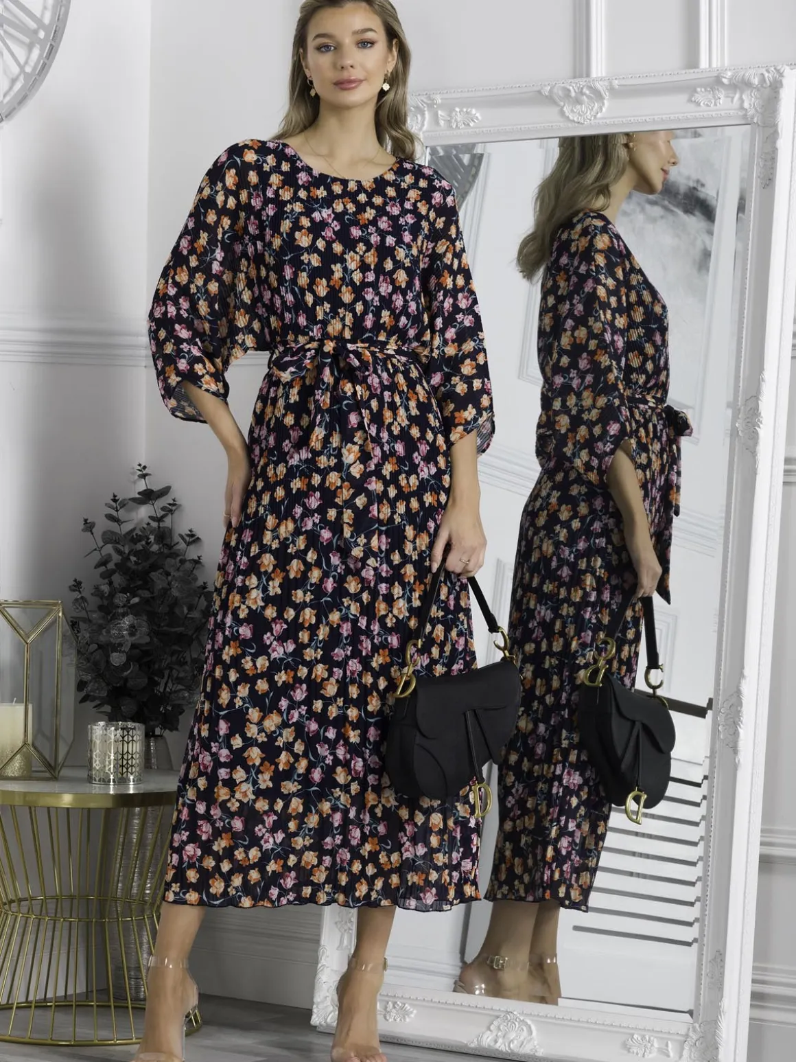 Chiffon Pleated Batwing Sleeve Maxi Dress, Navy Floral