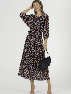 Chiffon Pleated Batwing Sleeve Maxi Dress, Navy Floral