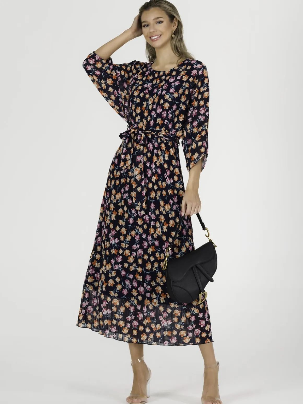 Chiffon Pleated Batwing Sleeve Maxi Dress, Navy Floral