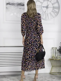 Chiffon Pleated Batwing Sleeve Maxi Dress, Navy Floral