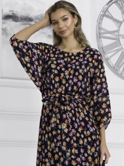 Chiffon Pleated Batwing Sleeve Maxi Dress, Navy Floral