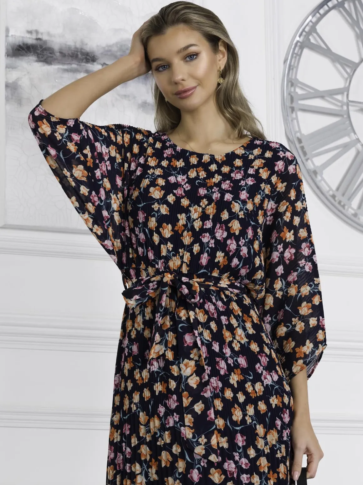 Chiffon Pleated Batwing Sleeve Maxi Dress, Navy Floral