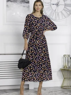 Chiffon Pleated Batwing Sleeve Maxi Dress, Navy Floral
