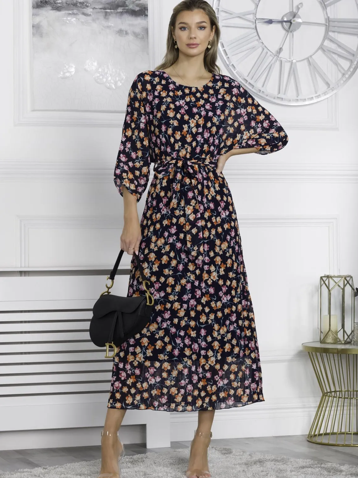 Chiffon Pleated Batwing Sleeve Maxi Dress, Navy Floral