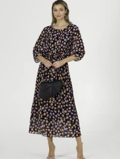 Chiffon Pleated Batwing Sleeve Maxi Dress, Navy Floral