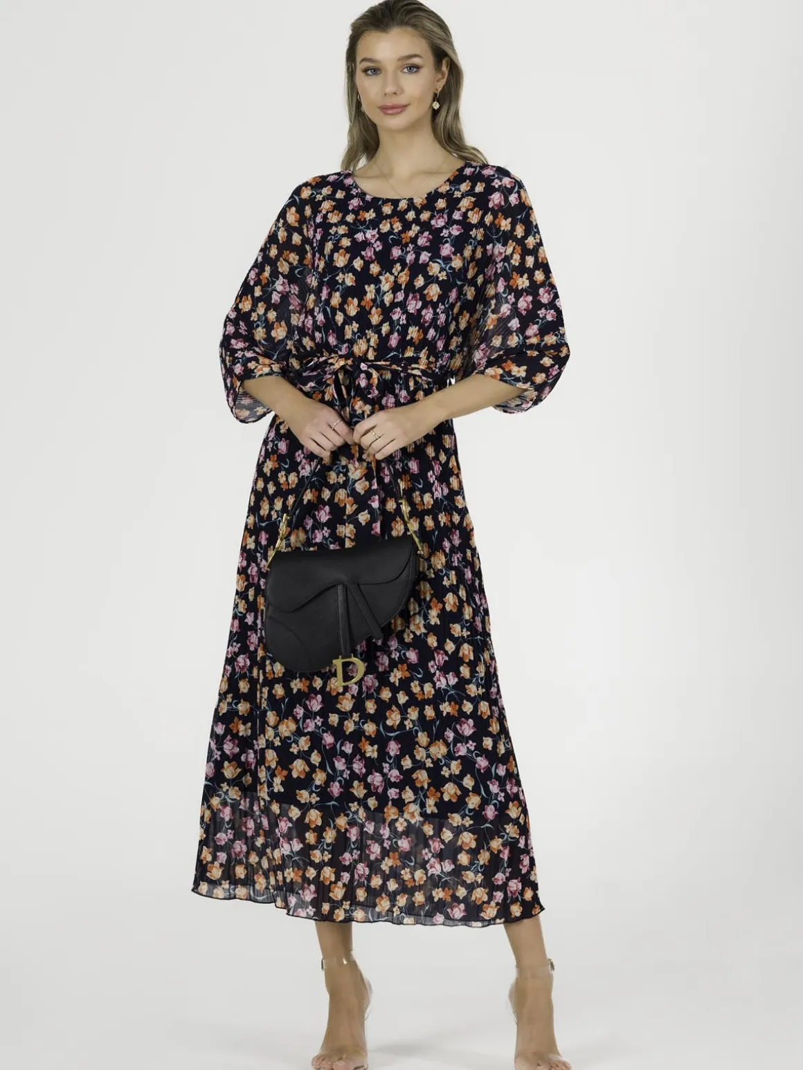 Chiffon Pleated Batwing Sleeve Maxi Dress, Navy Floral