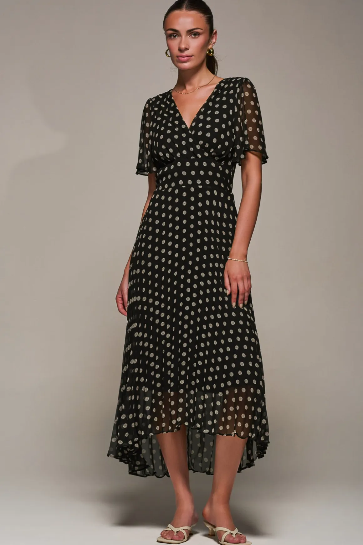 Chiffon Pleated Dip Hem Maxi Dress, Black Spot