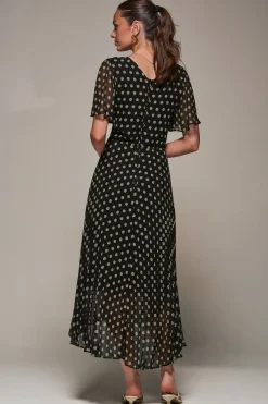 Chiffon Pleated Dip Hem Maxi Dress, Black Spot