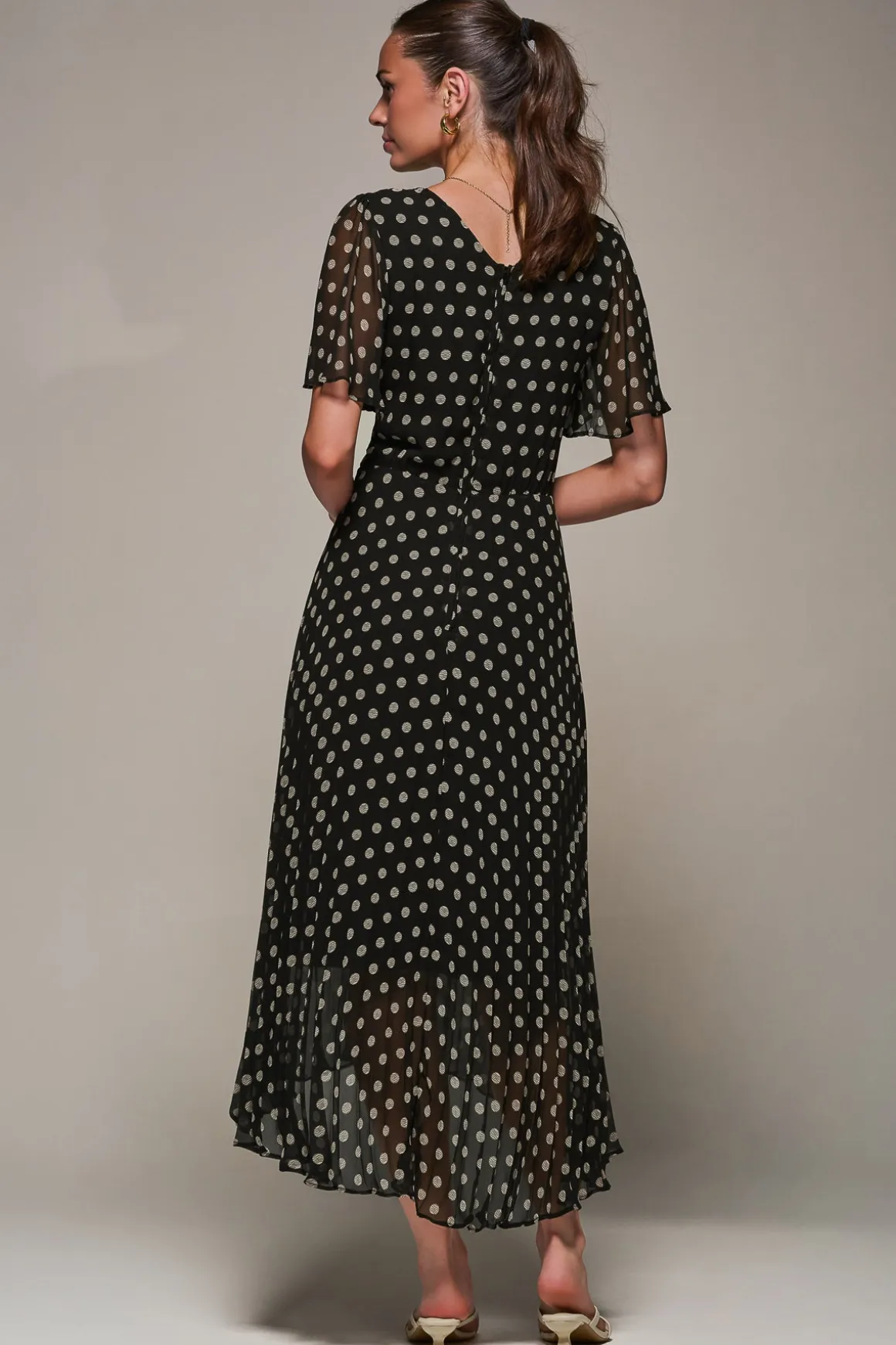 Chiffon Pleated Dip Hem Maxi Dress, Black Spot