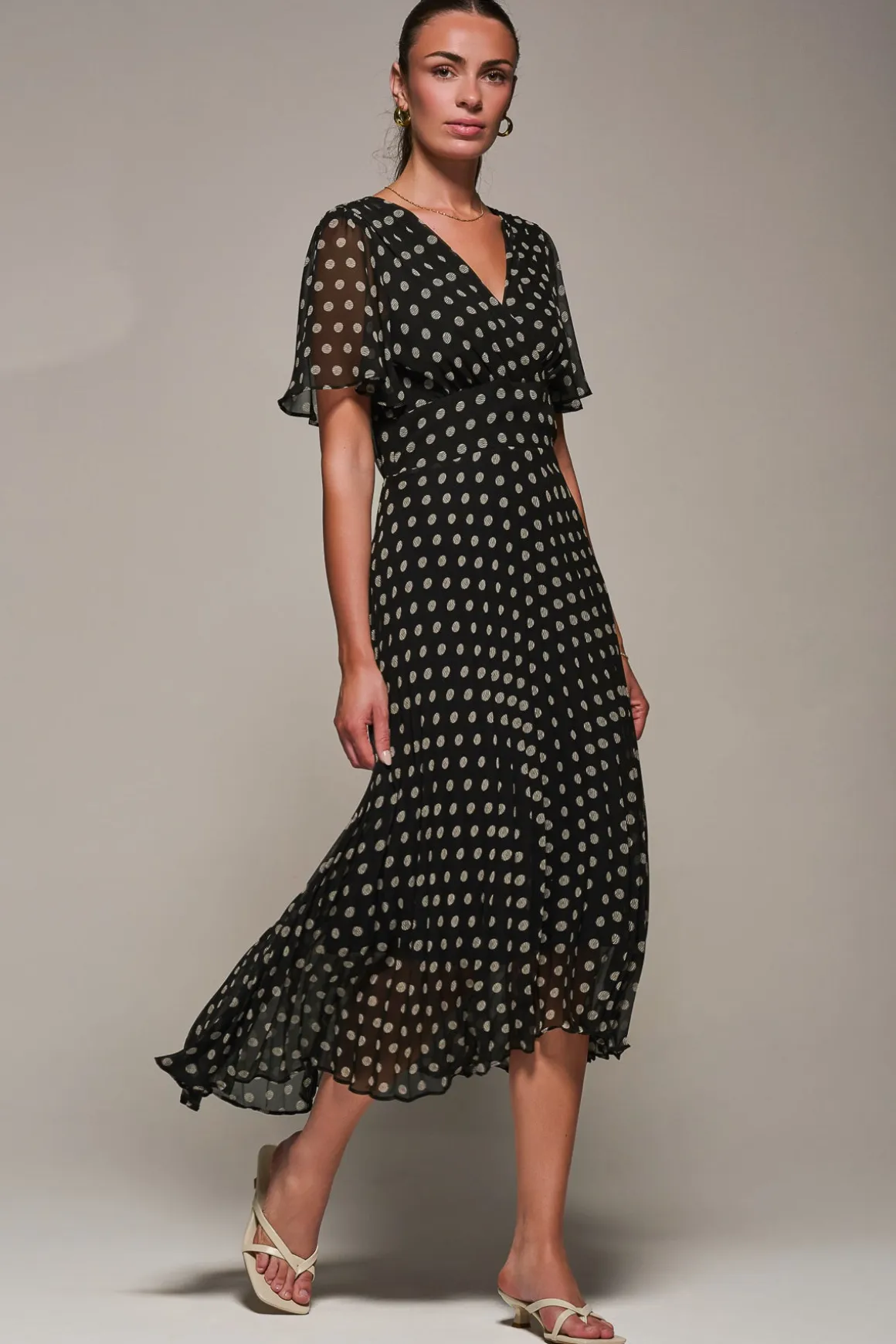 Chiffon Pleated Dip Hem Maxi Dress, Black Spot