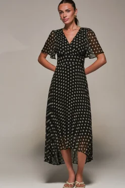 Chiffon Pleated Dip Hem Maxi Dress, Black Spot