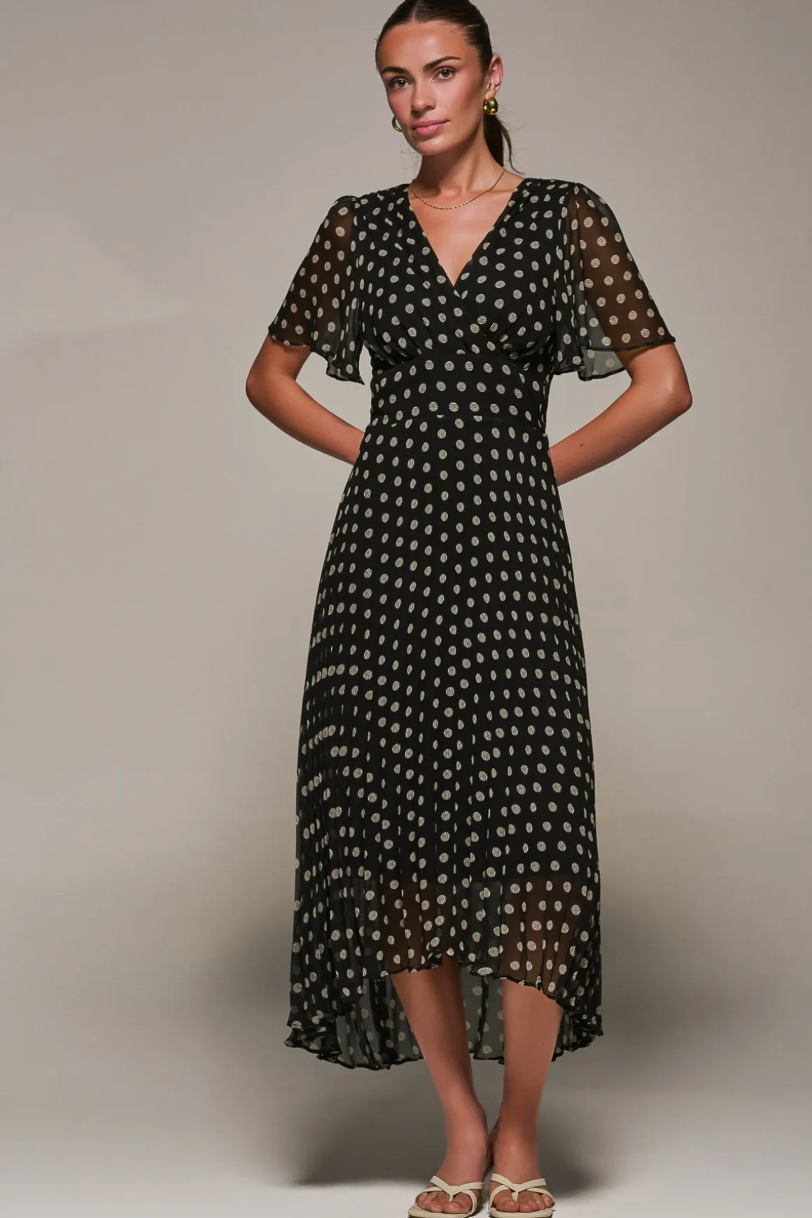 Chiffon Pleated Dip Hem Maxi Dress, Black Spot