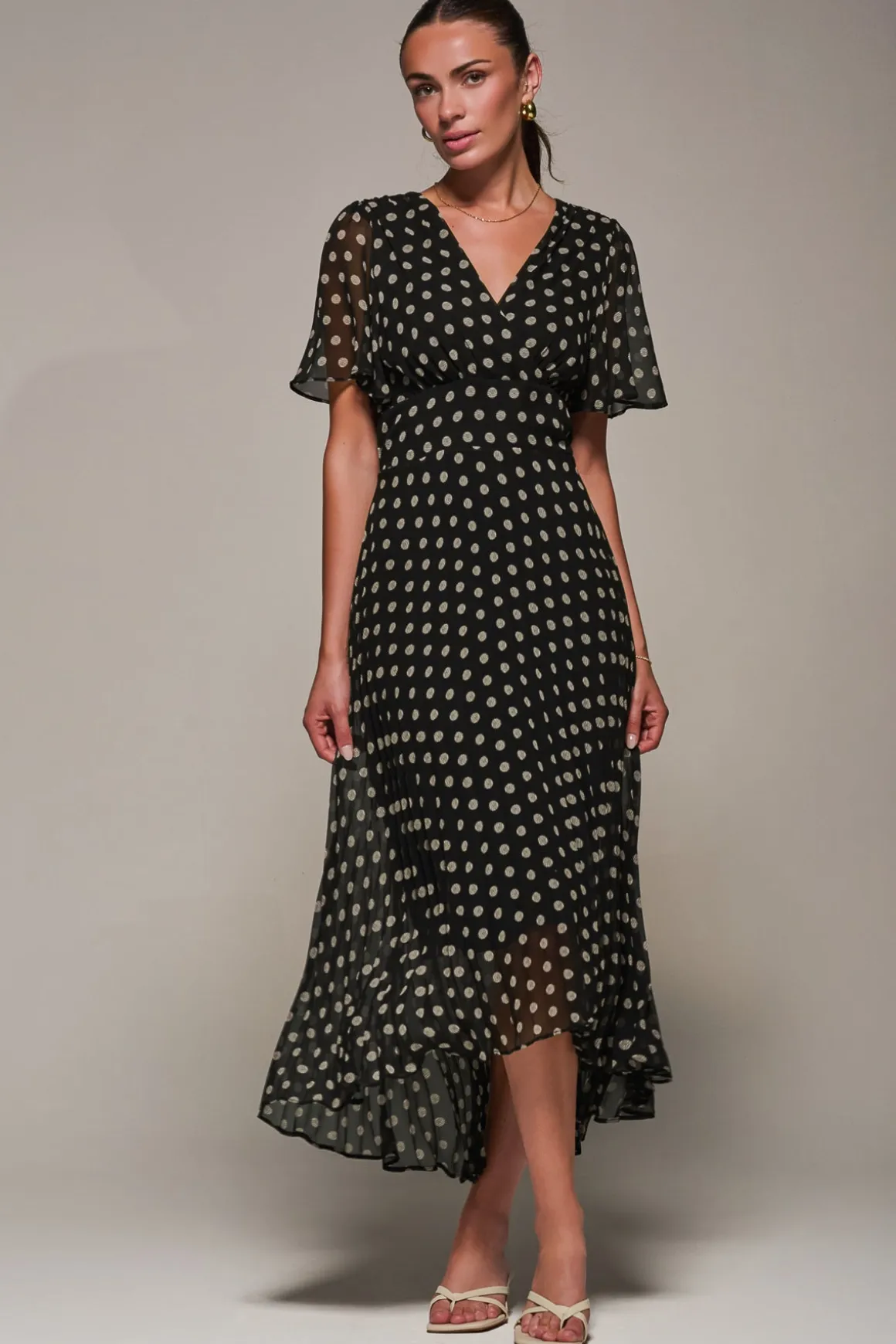 Chiffon Pleated Dip Hem Maxi Dress, Black Spot