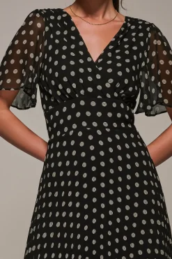 Chiffon Pleated Dip Hem Maxi Dress, Black Spot