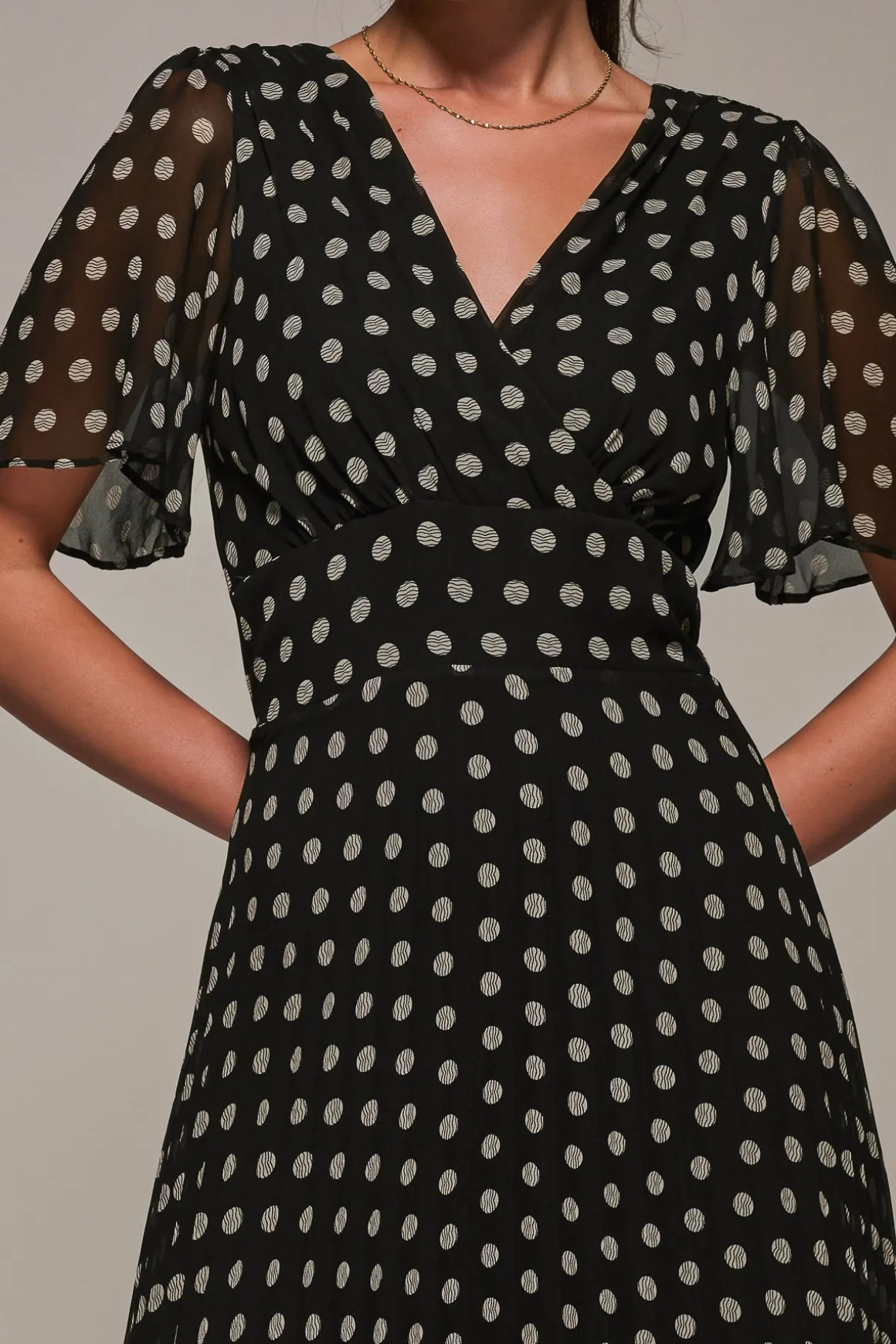 Chiffon Pleated Dip Hem Maxi Dress, Black Spot