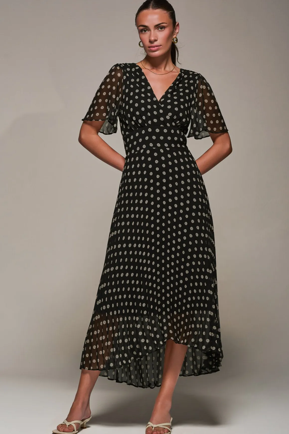 Chiffon Pleated Dip Hem Maxi Dress, Black Spot