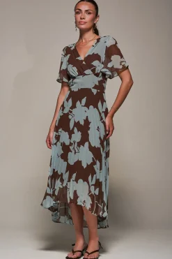 Chiffon Pleated Dip Hem Maxi Dress, Brown Floral