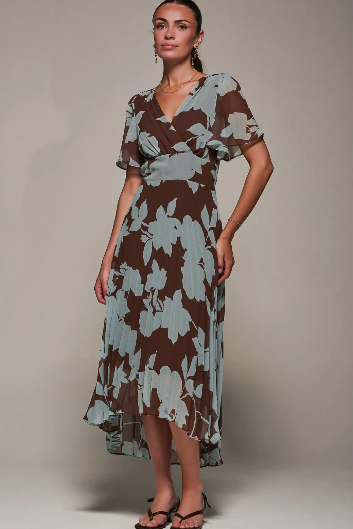 Chiffon Pleated Dip Hem Maxi Dress, Brown Floral