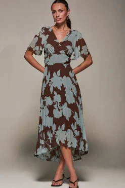 Chiffon Pleated Dip Hem Maxi Dress, Brown Floral