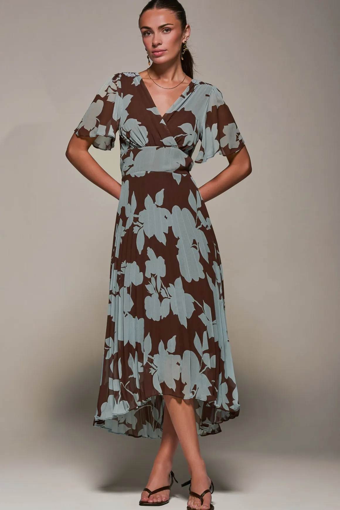 Chiffon Pleated Dip Hem Maxi Dress, Brown Floral