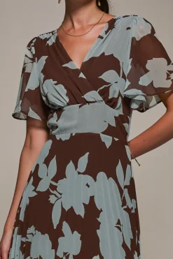 Chiffon Pleated Dip Hem Maxi Dress, Brown Floral