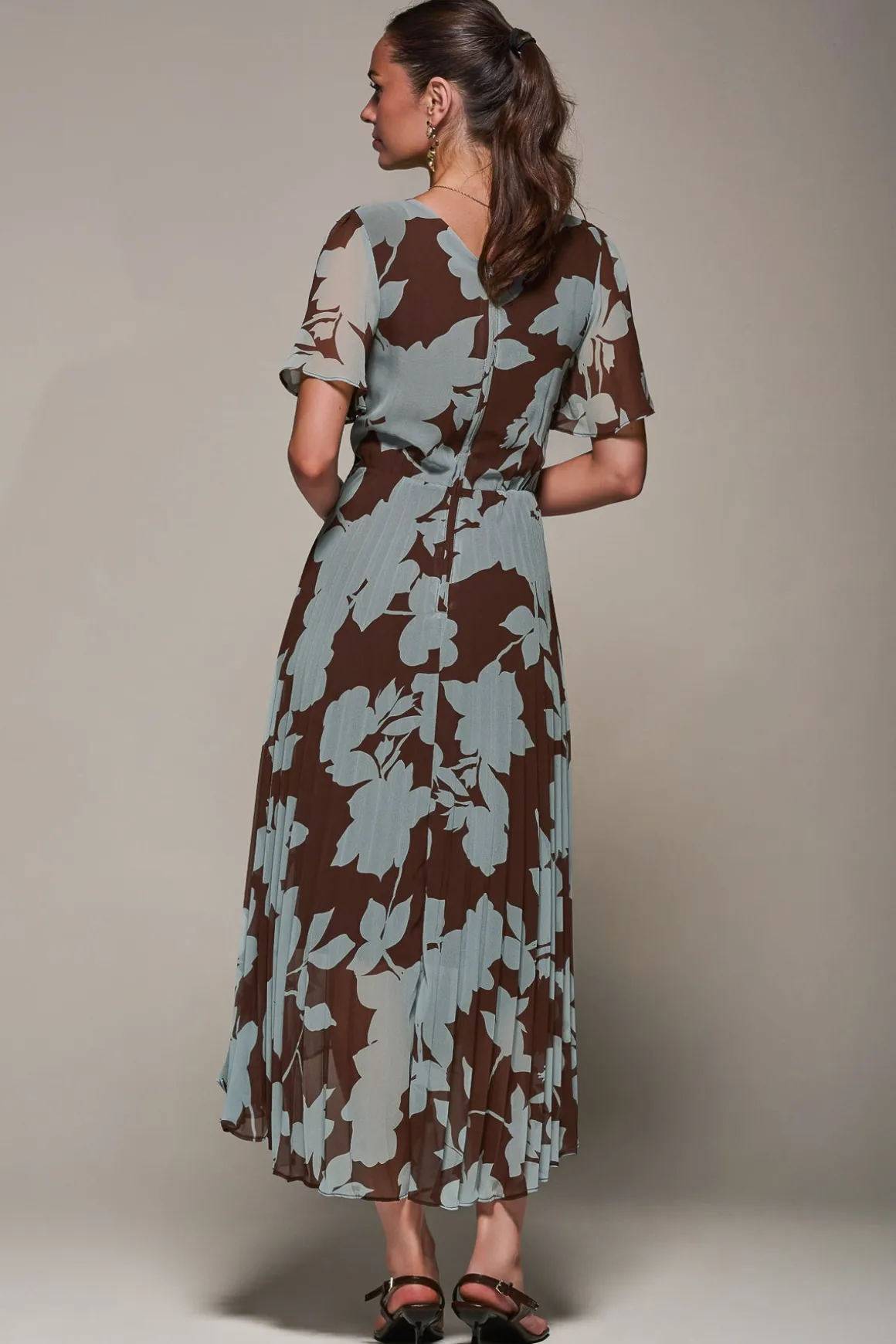 Chiffon Pleated Dip Hem Maxi Dress, Brown Floral